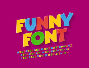 Vector colorful funny Font for Children. Rotated playful Alphabet Letters, Numbers and Symbols.