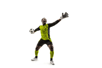 Fototapeta na wymiar one soccer player goalkeeper man throwing ball. Silhouette isolated on white studio background
