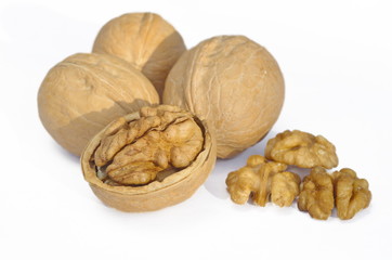 Walnuts on white background