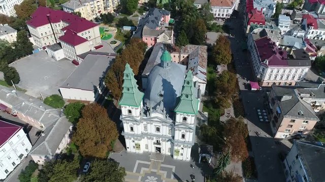 aerial view Cathedral,lake, quay Ternopil, Ukraine