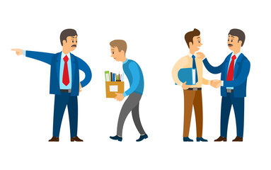 Boss firing office worker, sacked person with carton box vector. Chief executive with man, director praising novice holding files documentation report