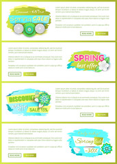Promo price, web page template, tag and blooming plant, vector. Spring sale discount, best offer promotion leaflets with text sample and push buttons