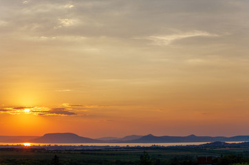 Sunset over Lake Balaton and Badacsony mountain in Hungary
