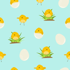 Cute blue cartoon seamless pattern with yellow chicken in grass, in eggs and flying. Childish turquoise birds texture for kids print design, spring Easter wrapping paper decor, textile, wallpaper