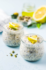 Healthy breakfast, lemon poppy seed overnight oats. Selective focus, space for text.