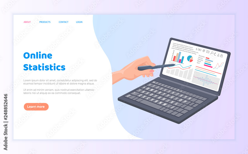Poster online statistics business visualization of information vector. data representation, person showing 