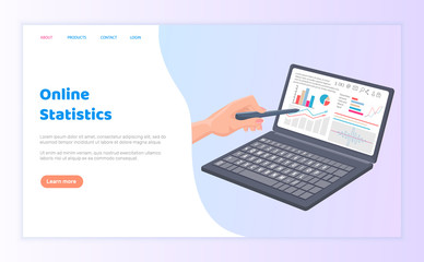 Fototapeta premium Online statistics business visualization of information vector. Data representation, person showing results of finance activity, graphs laptop screen. Website template, landing page in flat style