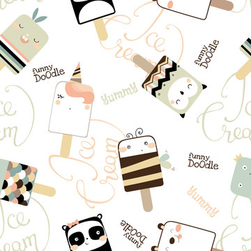 Seamless pattern with cute funny ice cream. Doodle vector illustration