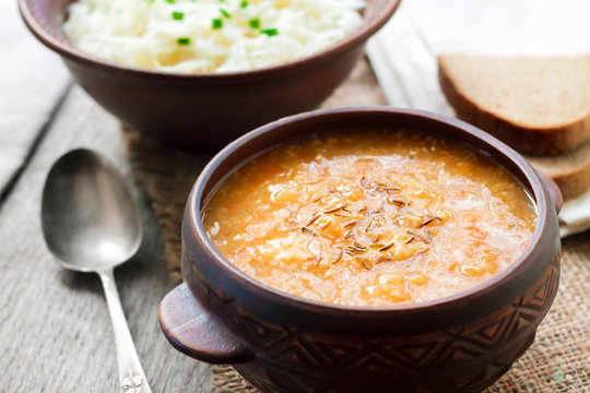 Kapustnyak - traditional Ukrainian winter broth with sauerkraut and millet, obligatory dish on the Christmas Eve table
