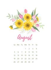 Printable 2018 Calendar with pretty colorful flowers. illustration