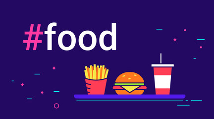 Hashtag food concept flat vector illustration of big burger with french fries and milk shake on the tray