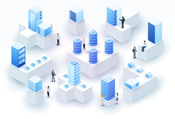 3d isometric concept big data center with server or hosting and peoples. Abstract design composition for website, banner, landing page. High technology vector illustration. - obrazy, fototapety, plakaty