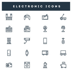Line art electronic icons set on white background.