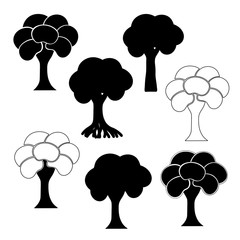Set of five black and black-white tree silhouette on white background. Vector illustration.