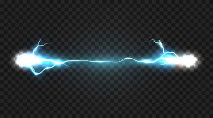 Realistic electric discharge, energy flow or lightning blast isolated on transparent background. Vector illustration.