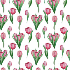 Fototapeta premium Hand drawn Watercolor tulips seamless pattern.