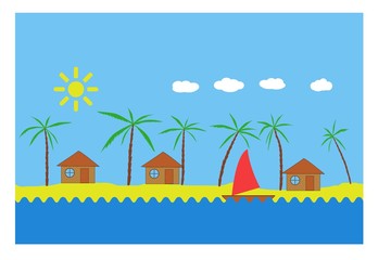 Icon sticker sea recreation in bungalows under  the  palm tree  and  sun vector illustration