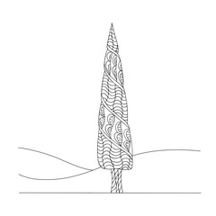 Contour hand drawing zendoodle landscape with tree cypress. Stylization and fantasy. Black and white isolated vector illustration. Coloring book for children and adults.