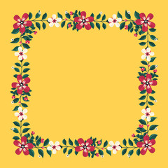 Floral greeting card and invitation template for wedding or birthday anniversary, Vector square shape of text box label and frame, Red flowers wreath ivy style with branch and leaves.