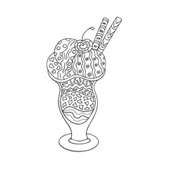 Contour hand drawing zendoodle dessert, ice cream. Stylization and fantasy. Black and white isolated vector illustration. Coloring book for children and adults.