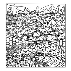 Contour hand drawing zendoodle landscape. Stylization and fantasy. Black and white isolated vector illustration. Coloring book for children and adults.