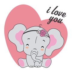 Cute elephant with flower headband and heart background