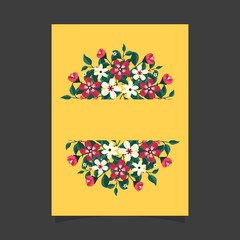 Common size of floral greeting card and invitation template for wedding or birthday anniversary, Vector shape of text box label and frame, Red flowers wreath ivy style with branch and leaves.