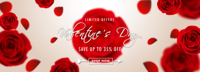 Realistic rose flowers on glossy background for Valentine Day sale poster design with 35% discount offer.