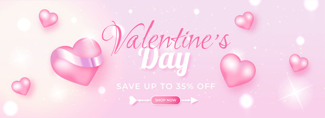 Fototapeta na wymiar Realistic heart shapes with 35% discount offer on shiny pink bokeh background for Valentine's Day sale banner design.