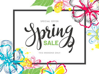 Spring Sale banner or poster design decorated with creative flowers on white background.