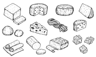 Set of hand drawn sketch cheese isolated on white background. Vector vintage retro illustration.