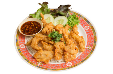 Fried chicken place on top the rice with cucumbers and sauce.