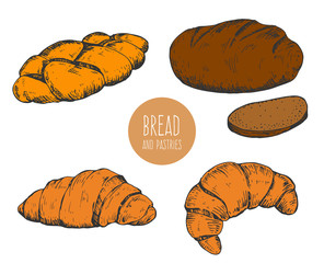Set of hand drawn sketch bakery products isolated on white background. Vector vintage retro illustration.