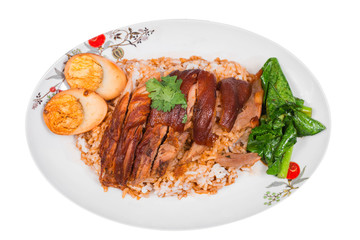 Stewed pork leg on rice with boiled egg, Traditional food in Thailand.