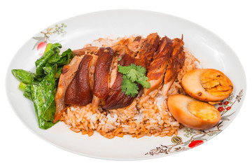 Stewed pork leg on rice with boiled egg, Traditional food in Thailand.