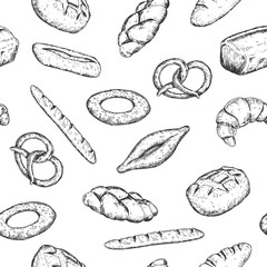 Cartoon seamless pattern with different bakery products. Vintage retro vector background.