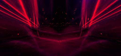 Tunnel in pink neon light, underground passage. Abstract dark pink, red background. Background...
