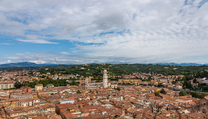 View from the Cathedral of Verona Column on the old town in aerial view, Italy