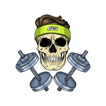 Hand Drawn Sketch, Color Sport Skull With Dumbbells And Sweat Band