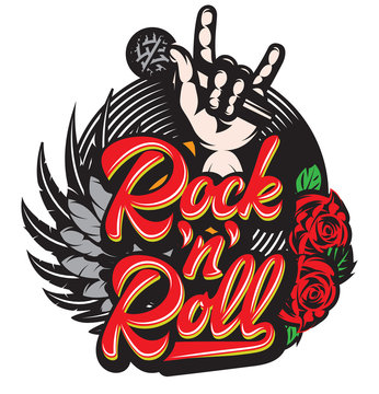 Vector stylish print template on the theme of rock with microphone, wing, vinyl, rose