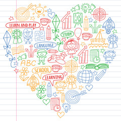 Vector set of learning English language, children's drawingicons icons in doodle style. Painted, colorful, pictures on a piece of linear paper on white background.