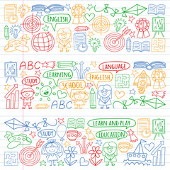 Vector set of learning English language, children's drawingicons icons in doodle style. Painted, colorful, pictures on a piece of linear paper on white background.