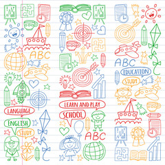 Vector set of learning English language, children's drawingicons icons in doodle style. Painted, colorful, pictures on a piece of linear paper on white background.
