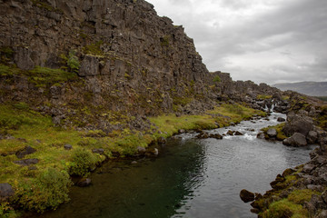 Iceland. View landscape with mountain river. Warm sunny summer day