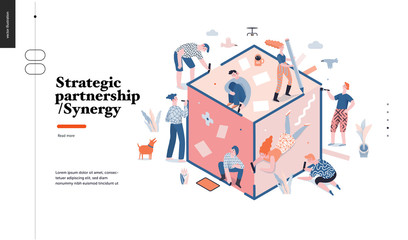 Technology 3 -Strategic Partership - Synergy flat vector concept digital illustration partnership and synergy metaphor. Business workflow and team management Creative landing web page design template