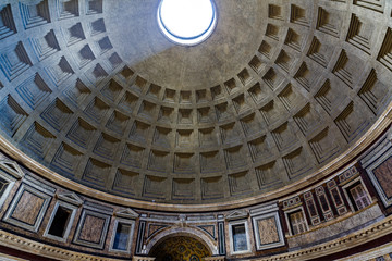 Obraz premium Rome/ Italy July 2018: Interior of Rome Pantheon with the famous ray of light from the top