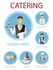 Banquet service flat illustrations set. Restaurant, cafe, cafeteria cartoon design elements. Waiters, barmen, chef cook and food cliparts collection. Poster, web banner, website page vector drawings