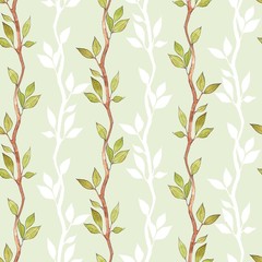 Seamless pattern with watercolor branches and leaves