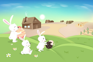 Happy Easter, holiday, cute white bunny playing on grass hill, egg hunt poster, agriculture landscape scene, rabbit kid cartoon fantasy story, vector background illustration