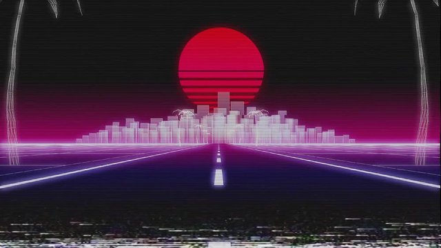 synthwave city road 80s Retro glitch 3d render